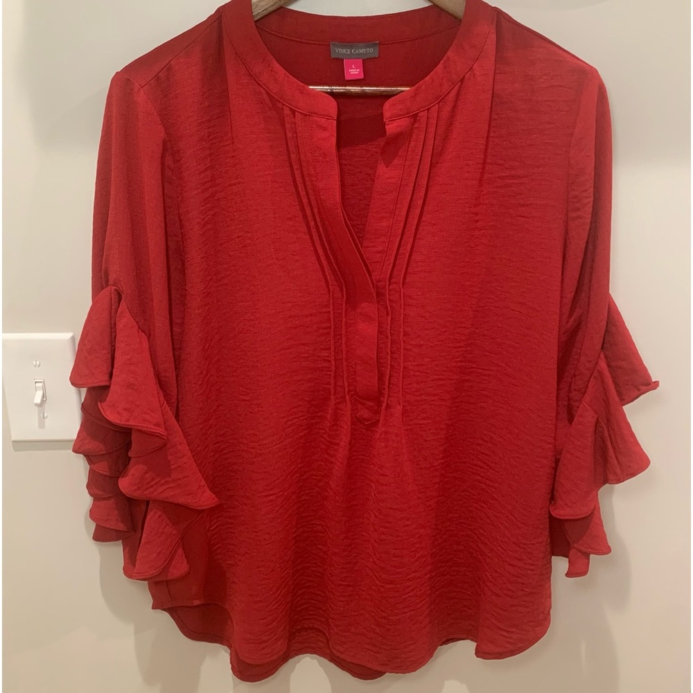 Vince Camuto True Red Flowy Top Ruffle Sleeve Pleated V-neck Blouse Size L